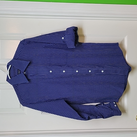 Blue striped men's button down shirt with sleeve buttons - Picture 1 of 2